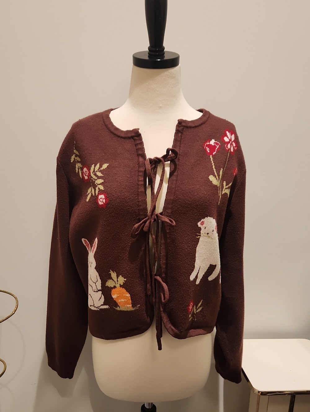Cider Brown Embroidered Animal Tie-Front Sweater